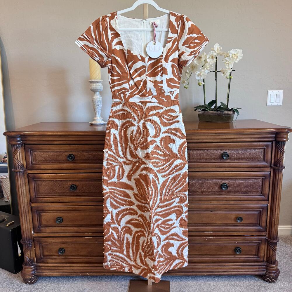 BTB Los Angeles NWT Camel Cream Beaded Soutache Maxi Dress Small - Picture 2 of 8